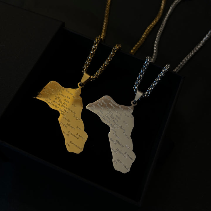 Goldene Kurdistan-Halskette mit Anhänger in Form kurdischer Städte, Edelstahl 18 K vergoldet, 50 cm Kette